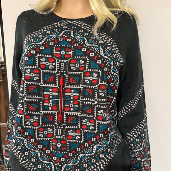 J. Crew geometric dark green with blue and red Merino wool sweater - Picture 2 of 2